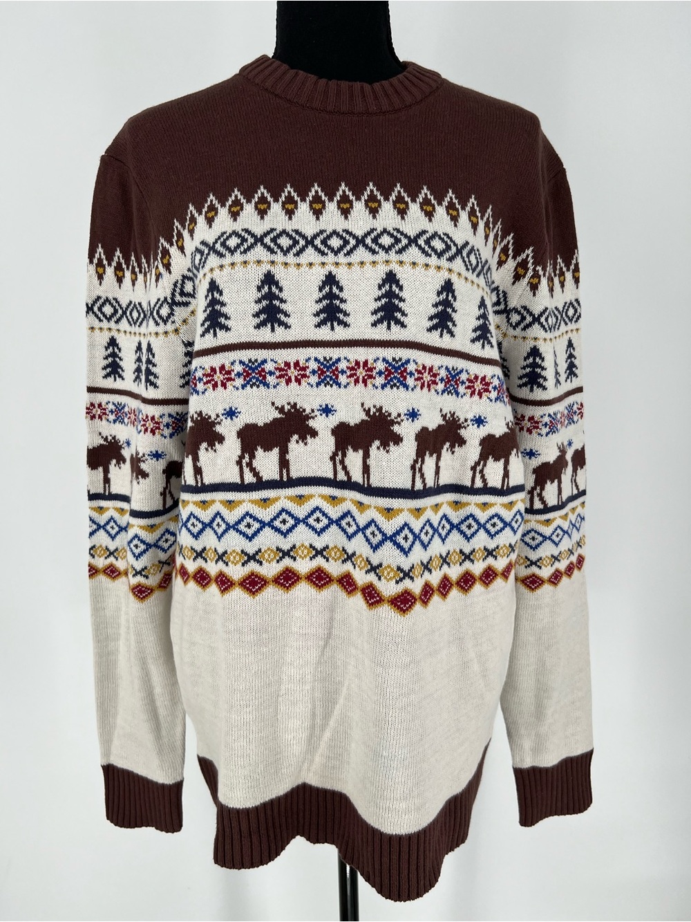 Men's Brown and Cream Nordic Moose Crewneck Sweater